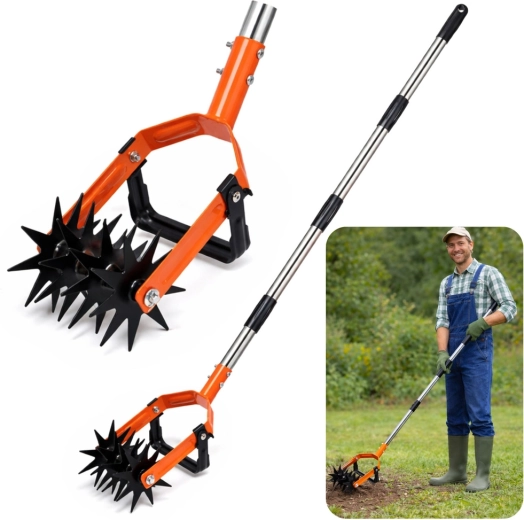 Cultivateur rotatif manuel avec manche télescopique pour désherber et ameublir le sol