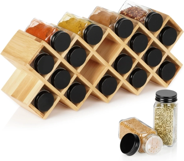 Support à épices en bambou Vilde avec 18 pots en verre, 42 × 10 × 17 cm
