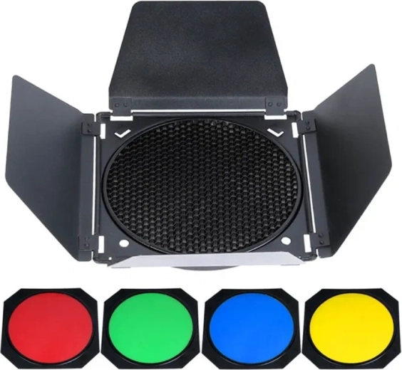 Godox BD-04 kit de volets coupe-flux, grille nid d’abeille et filtres colorés pour réflecteur 7"