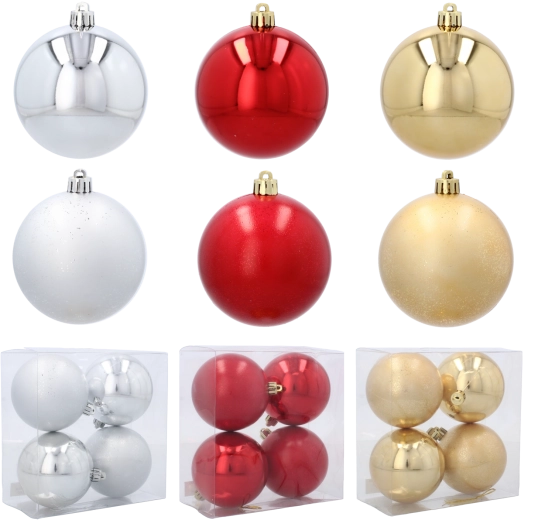 Set de boules de Noël 8 cm – rouge, or et argent (4 pcs)