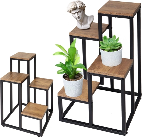 Support à plantes métallique sur pied avec 4 étagères, décor chêne rustique