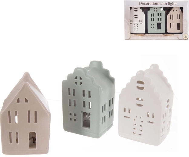 Petites maisons LED en porcelaine, lot de 3