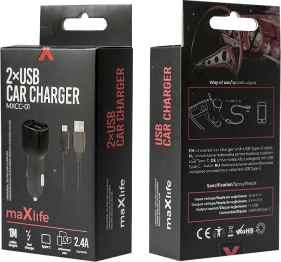 Chargeur voiture MAXLIFE 2× USB + USB‑C 2,4 A, noir