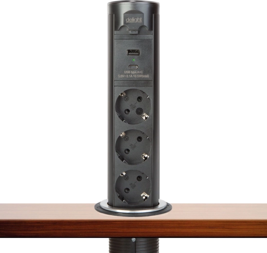 Bloc multiprise escamotable motorisé Touchcontrol avec 3 prises, USB-A et USB-C, noir