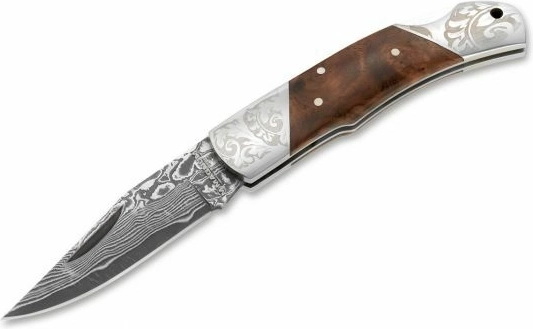 Magnum Damascus Duke couteau de poche en acier damassé avec manche en loupe de bois