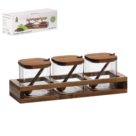 Ensemble de 3 bocaux en verre 400 ml avec couvercles en bois et cuillères sur support en bois