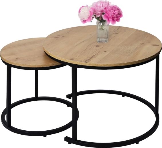 Ensemble de tables basses rondes 2-en-1 au style loft, chêne antique clair