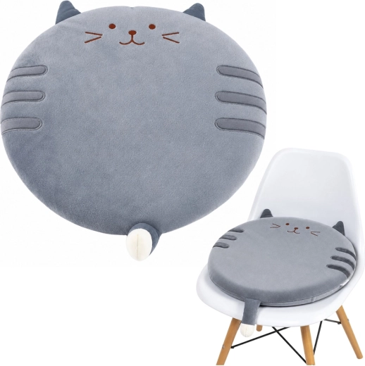 Coussin d’assise rond en peluche motif chat, gris, 40 cm
