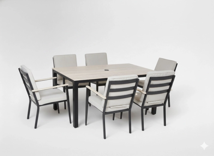 Ensemble de salle à manger de jardin en aluminium avec table et 6 fauteuils, coussins beige