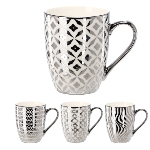 Mug en porcelaine 340 ml argenté et blanc avec motifs géométriques
