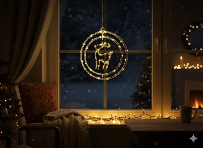 Décoration de fenêtre de Noël – renne LED dans un cercle, blanc chaud, à piles