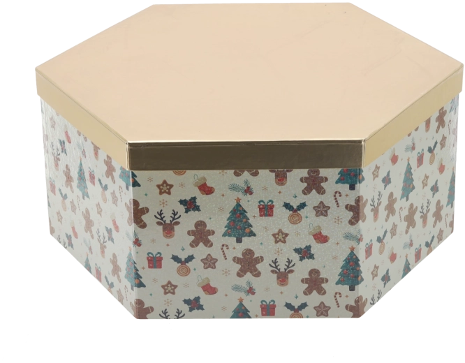Boîte cadeau de Noël hexagonale avec couvercle doré 39 × 33,5 × 16,5 cm