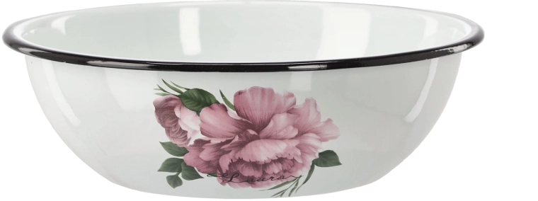 Bol en acier émaillé 2,5 l, diamètre 24,5 cm, blanc avec motif pivoines