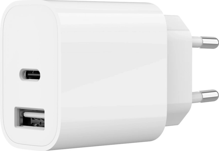 Chargeur secteur USB universel avec 2 ports (USB‑A + USB‑C) 2,4 A, blanc