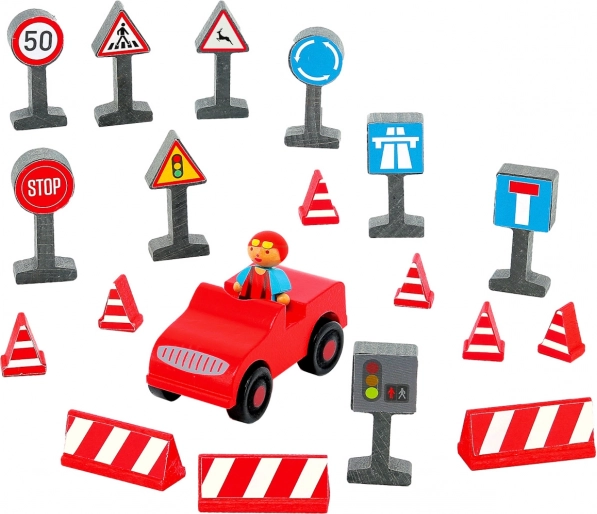 Jeujura figurines en bois conducteur avec petite voiture et panneaux de signalisation