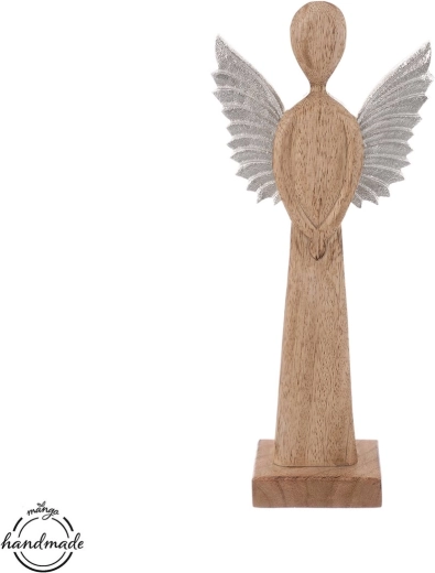 Ange décoratif en bois de manguier avec ailes en métal 32 cm