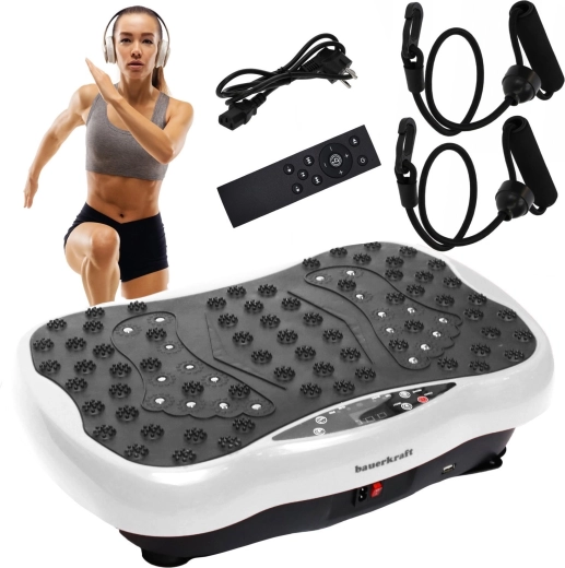 Plateforme d’entraînement vibrante Bauerkraft avec télécommande, Bluetooth et haut-parleurs, blanche