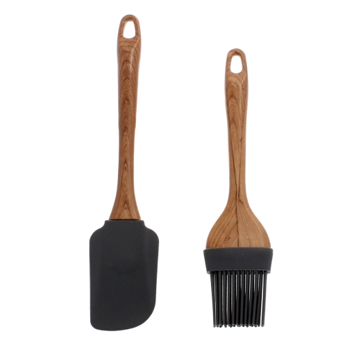 Ensemble de deux ustensiles de cuisine avec têtes en silicone et manches en bois
