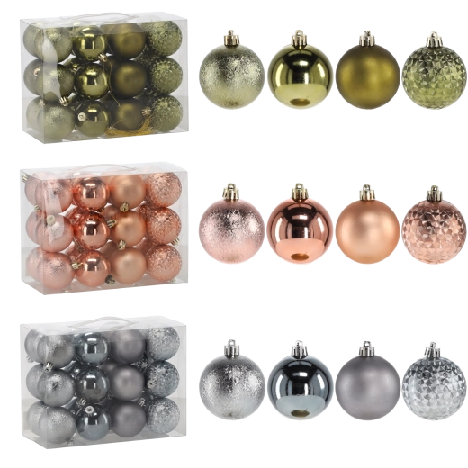 Ensemble de boules de Noël 6 cm, 24 pcs – olive, cuivré et graphite, décorations en plastique incassables