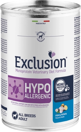 Exclusion hypoallergénique boîte pour chiens poisson et pommes de terre 400 g