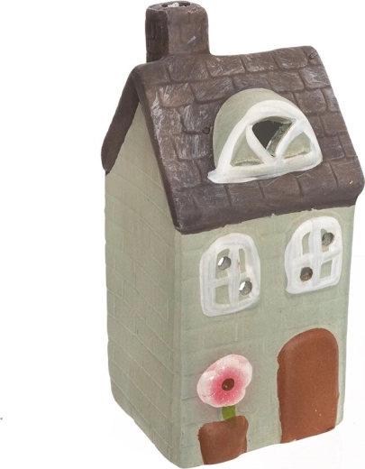 Photophore en céramique en forme de petite maison vert-gris 16 cm