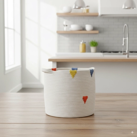 Panier textile pour linge et jouets 32 × 29 cm, blanc à motif coloré