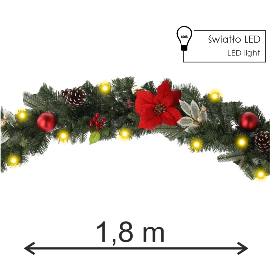 Guirlande LED de Noël 180 cm, rouge‑or, 20 LED