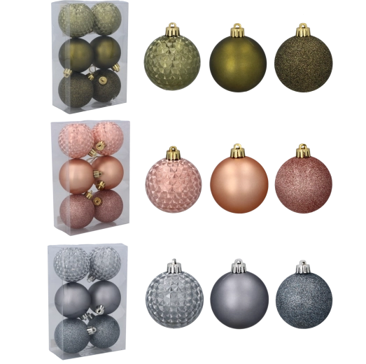 Set de boules de Noël 6 cm – olive, cuivré et graphite, plastique, 6 pièces