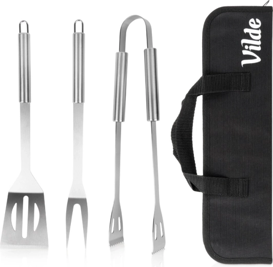 Set d’ustensiles de barbecue Vilde en acier inoxydable avec étui, 3 pcs