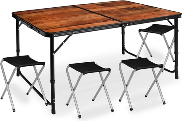 Set de camping pliable avec table et 4 tabourets imitation bois, 5-en-1 en valisette
