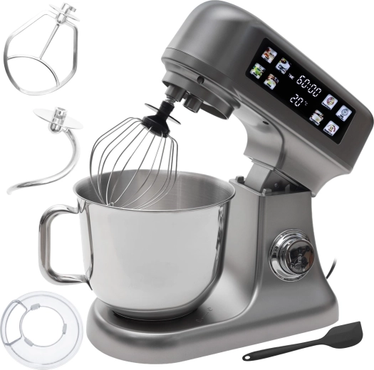 Robot pâtissier planétaire Bauerkraft avec bol de 6 l, panneau LED, fonction de fermentation et balance intégrée, argenté