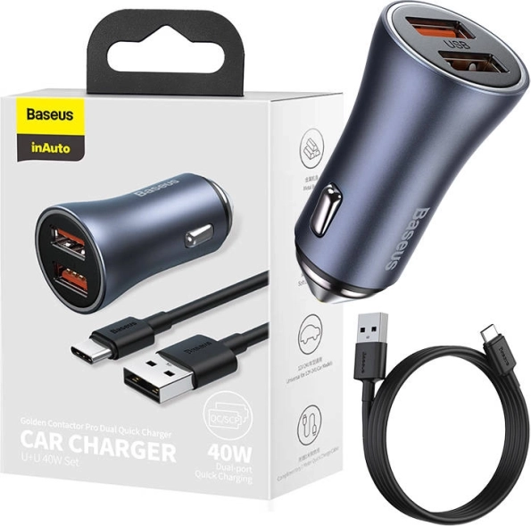 Chargeur de voiture Baseus avec USB double et câble USB-C