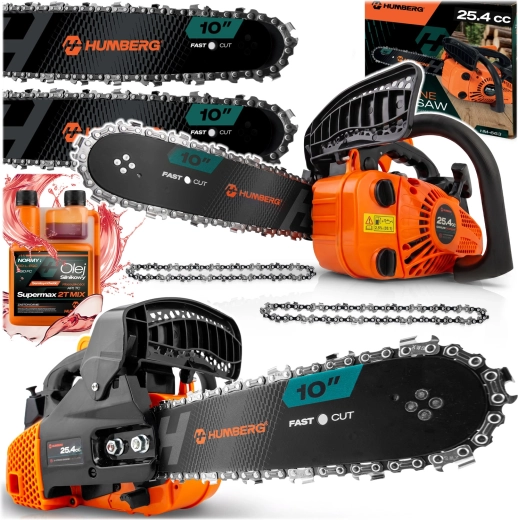 Tronçonneuse thermique Humberg 10" avec 2 guides, 2 chaînes et huile 2T