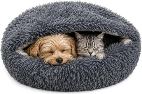 Panier en peluche Purlov pour chien et chat 70 × 60 cm 2-en-1 avec capuche, gris