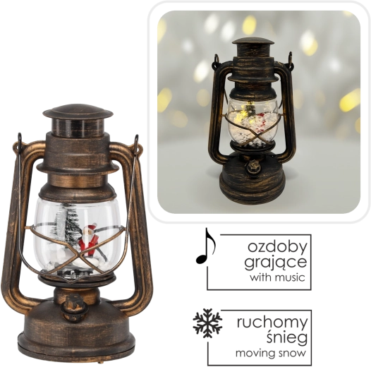 Lanterne LED de Noël avec neige tombante et boîte à musique, marron, motif Saint-Nicolas et sapin