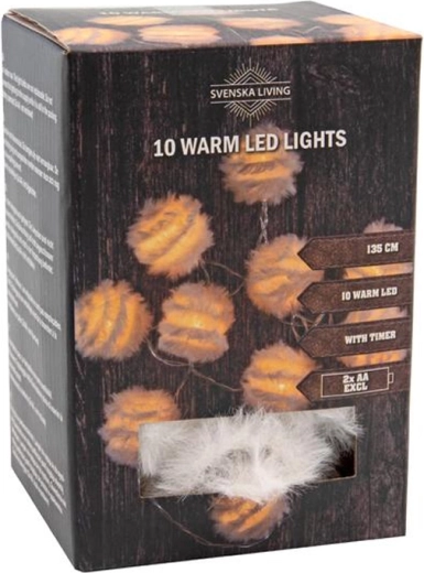 Guirlande lumineuse de Noël avec 10 boules LED à plumes et minuteur 1,35 m – lumière blanc chaud