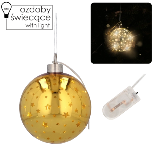 Boules de Noël en verre 10 cm avec petites étoiles dorées et éclairage LED, lot de 6
