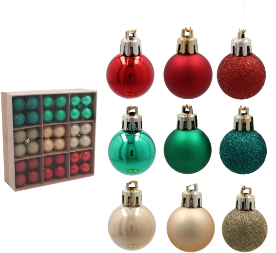 Ensemble de boules de Noël 3 cm – 72 pièces, mélange de couleurs, mat et brillant, incassables
