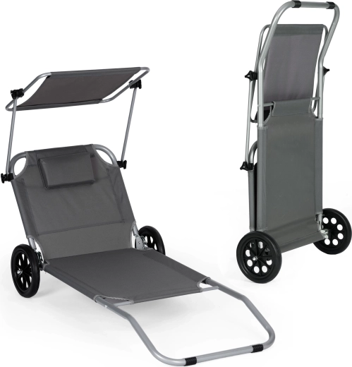 MultiGarden chaise longue de plage pliante sur roulettes avec chariot et auvent, grise