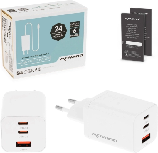 Chargeur GaN Movano 65 W, 2× USB-C PD + USB-A blanc