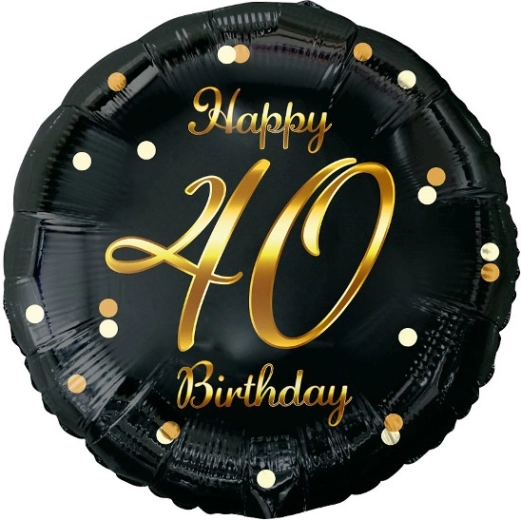 Ballon en aluminium Happy 40th Birthday noir avec impression dorée