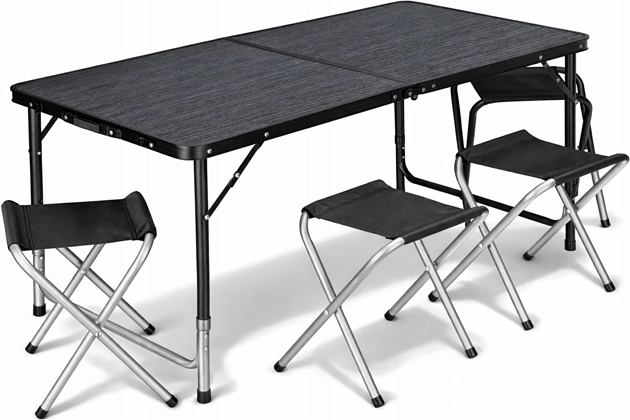 Set de camping pliable : table et 4 tabourets dans une mallette, noir