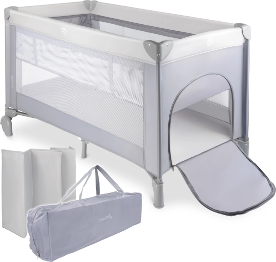 Lit parapluie PILO, gris, 2 niveaux de sommier