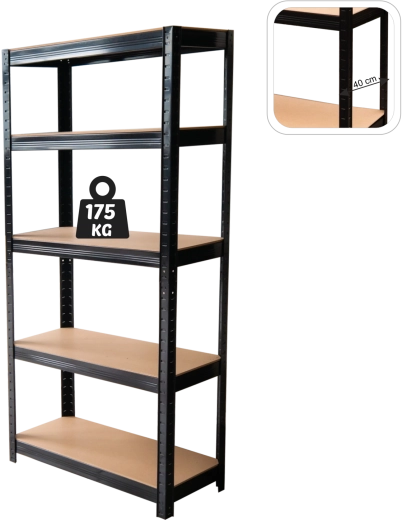 Étagère métallique à cinq niveaux 180 × 90 × 40 cm, noire, capacité par étagère 175 kg