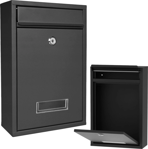Boîte aux lettres noire avec serrure et fenêtre pour étiquette nominative
