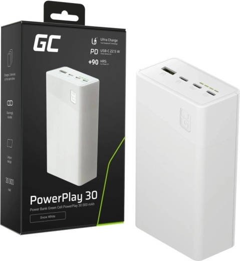 Batterie externe 30000 mAh, 22,5 W, 4 ports, blanche