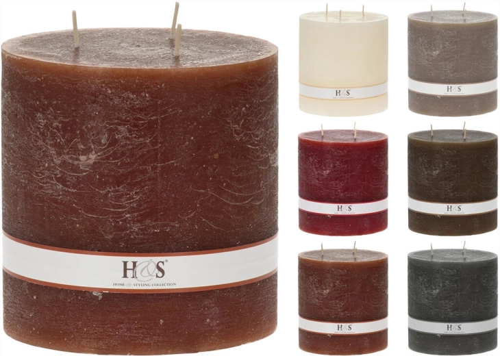 Bougie cylindrique rustique 14 × 14 cm à 3 mèches – assortiment de couleurs