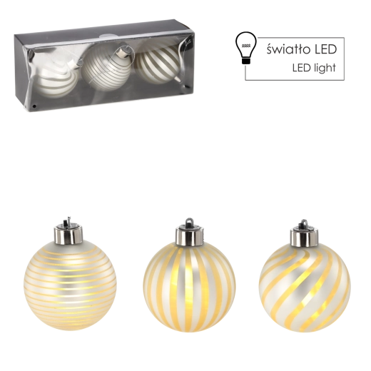 Set de boules de Noël en verre argenté avec LED, 8 cm, 3 pièces
