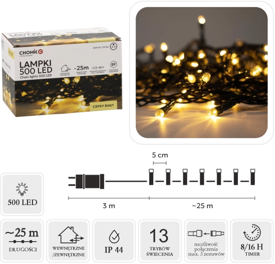 Guirlande LED de Noël 500 lumières, blanc chaud, 25 m pour intérieur et extérieur