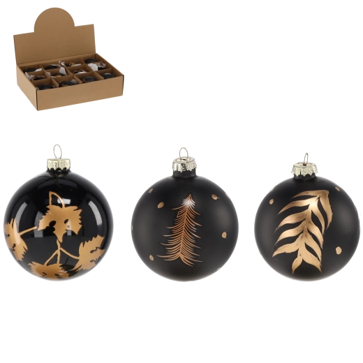 Boules de Noël en verre 8 cm – noires avec décor, lot de 12 pièces